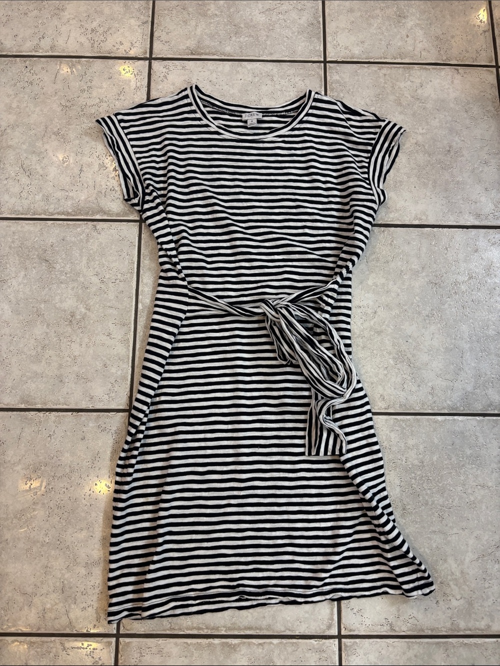 J. Crew Black & White Striped Tie-Waist Midi Dress